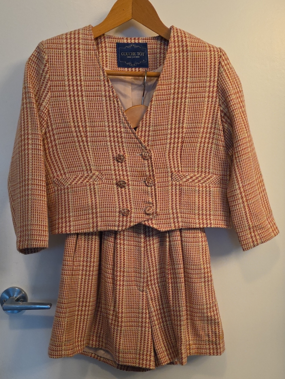 Vintage Couche Tot Pink Plaid Girls Two-Piece Jacket and Shorts Set